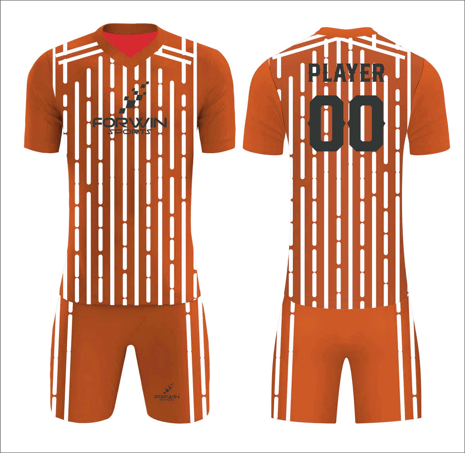 This image shows a complete soccer uniform by Forwin Sports, custom manufactured for optimal performance. It includes a lightweight, customized jersey with a player number, breathable shorts, knee-length socks, and cleats, all designed to provide comfort, mobility, and enhanced performance on the soccer field.