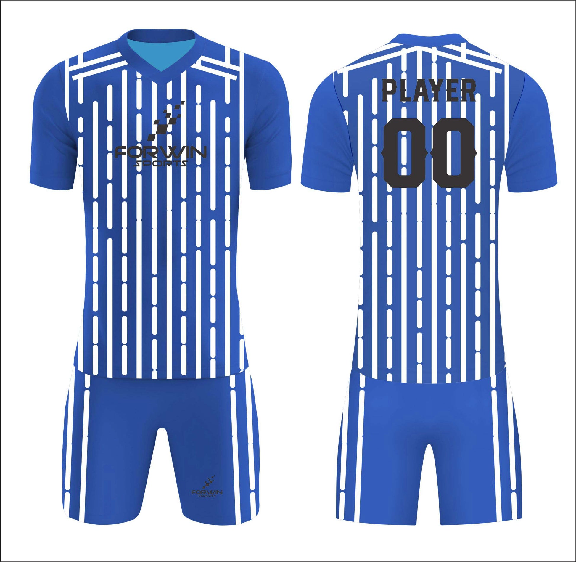 This image shows a complete soccer uniform by Forwin Sports, custom manufactured for optimal performance. It includes a lightweight, customized jersey with a player number, breathable shorts, knee-length socks, and cleats, all designed to provide comfort, mobility, and enhanced performance on the soccer field.