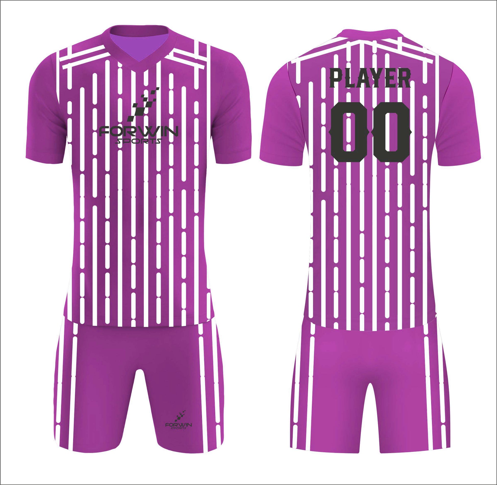 This image shows a complete soccer uniform by Forwin Sports, custom manufactured for optimal performance. It includes a lightweight, customized jersey with a player number, breathable shorts, knee-length socks, and cleats, all designed to provide comfort, mobility, and enhanced performance on the soccer field.