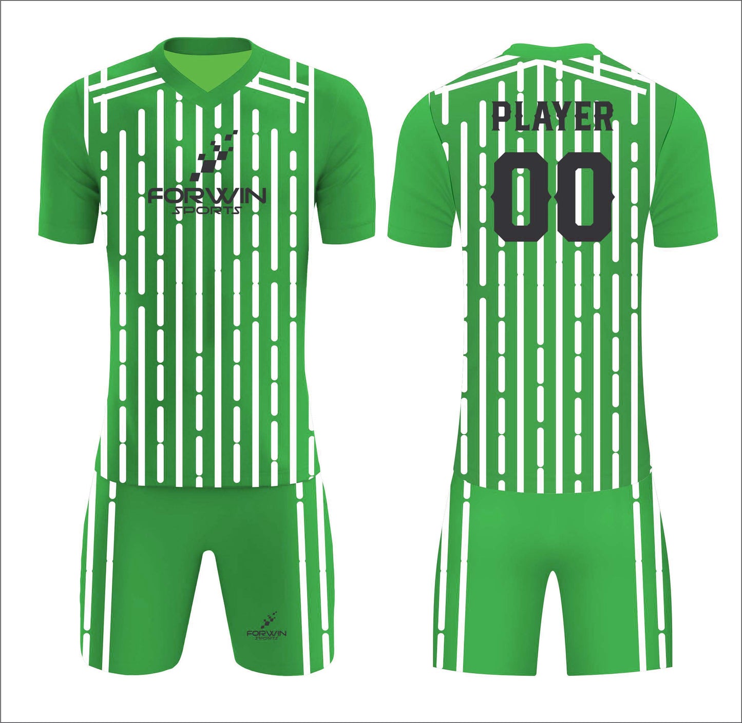 This image shows a complete soccer uniform by Forwin Sports, custom manufactured for optimal performance. It includes a lightweight, customized jersey with a player number, breathable shorts, knee-length socks, and cleats, all designed to provide comfort, mobility, and enhanced performance on the soccer field.