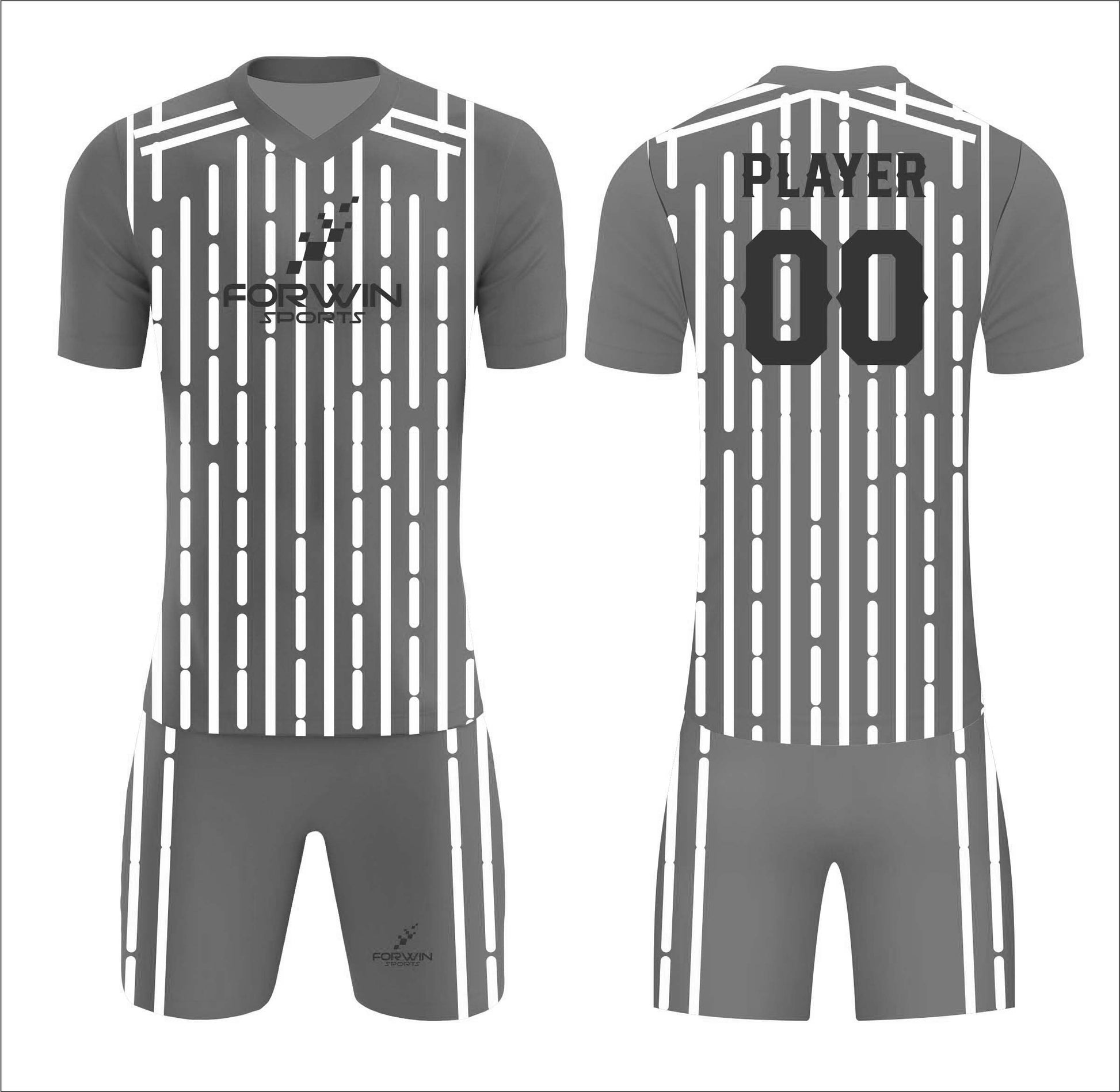 This image shows a complete soccer uniform by Forwin Sports, custom manufactured for optimal performance. It includes a lightweight, customized jersey with a player number, breathable shorts, knee-length socks, and cleats, all designed to provide comfort, mobility, and enhanced performance on the soccer field.