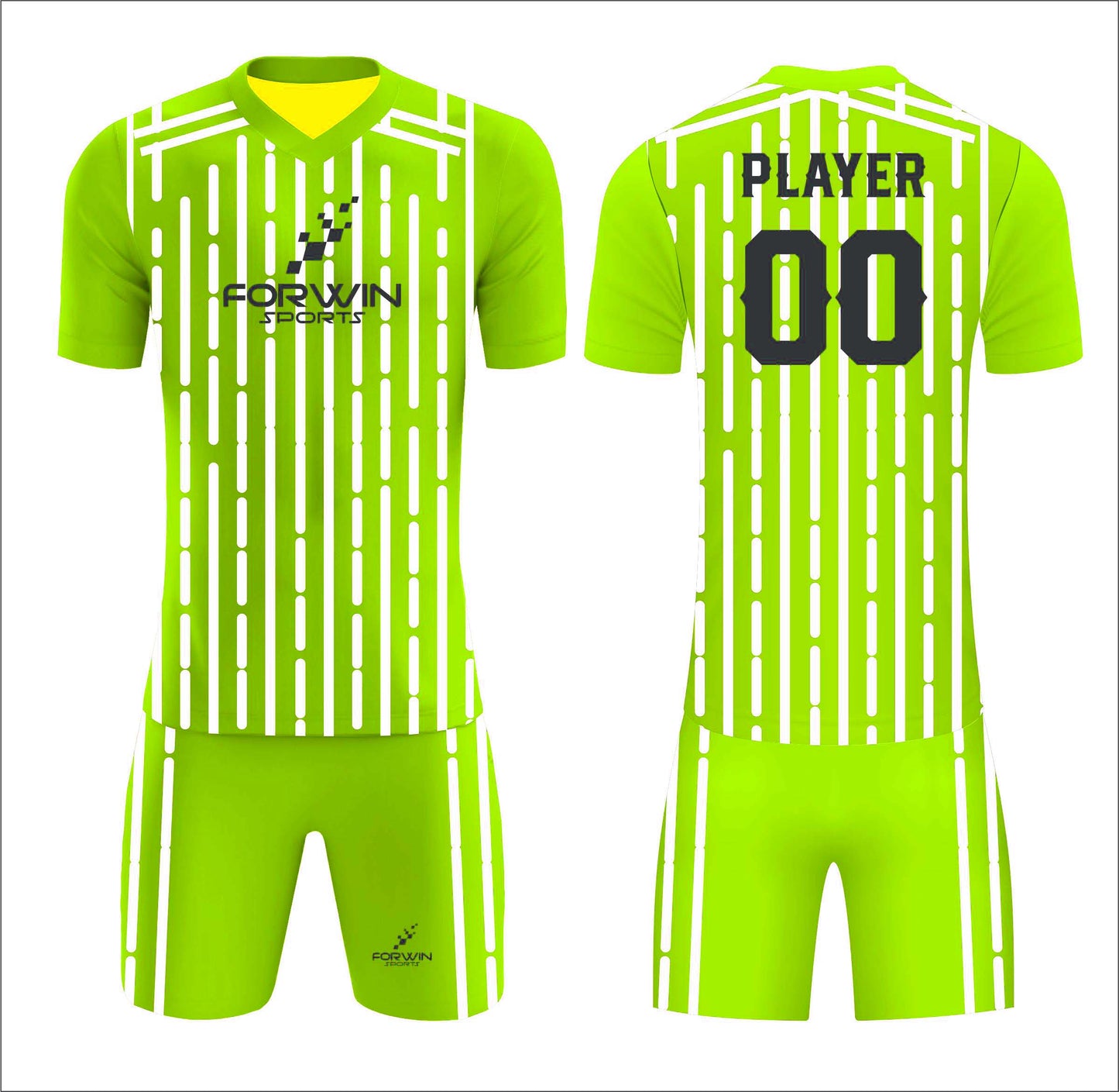 This image shows a complete soccer uniform by Forwin Sports, custom manufactured for optimal performance. It includes a lightweight, customized jersey with a player number, breathable shorts, knee-length socks, and cleats, all designed to provide comfort, mobility, and enhanced performance on the soccer field.