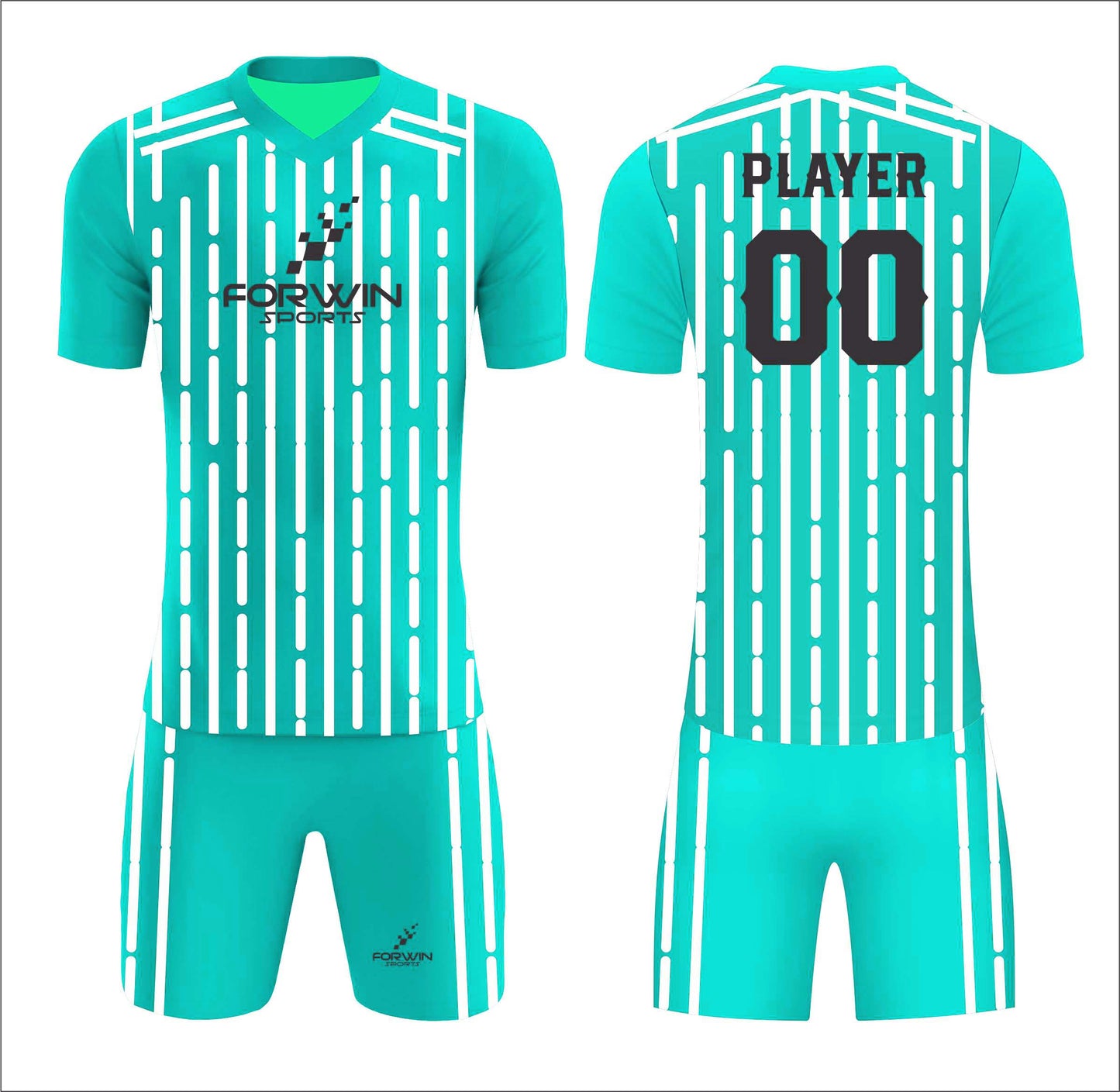 This image shows a complete soccer uniform by Forwin Sports, custom manufactured for optimal performance. It includes a lightweight, customized jersey with a player number, breathable shorts, knee-length socks, and cleats, all designed to provide comfort, mobility, and enhanced performance on the soccer field.