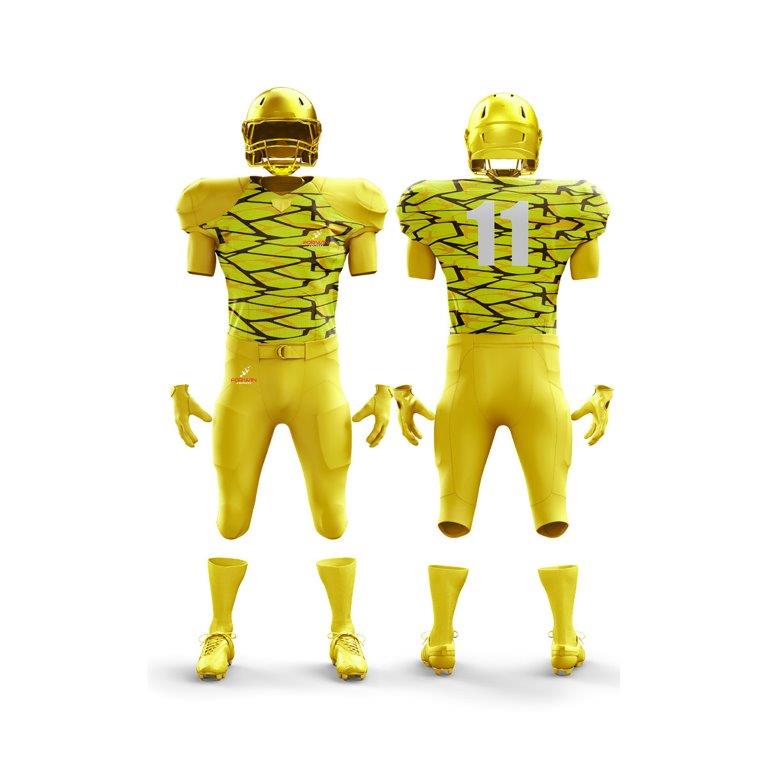 The image showcases a full American football uniform from Forwin Sports. It comprises a protective helmet with a faceguard, durable shoulder pads, a distinctive jersey with a player number, padded pants, and specialized cleats, all crafted for optimal safety and athletic performance.