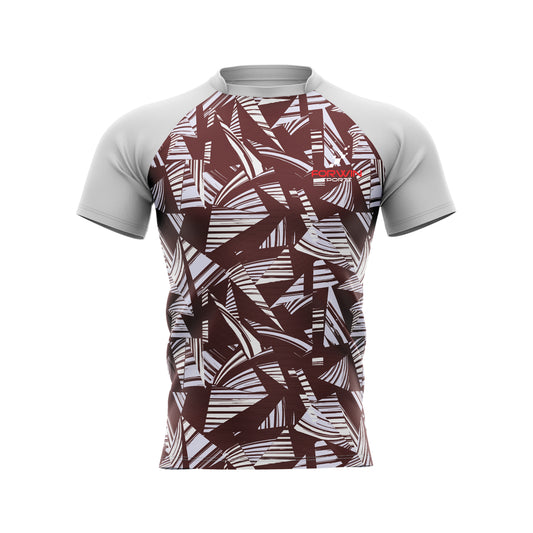 Picture of a rugby jersey, a customized team uniform with graphic design, player number, and name. Ideal for rugby teams, players, and fans.