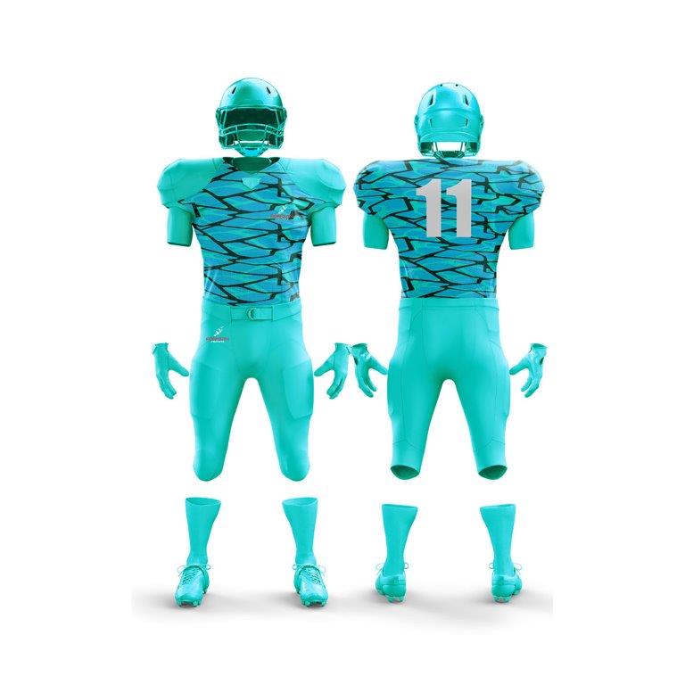 The image showcases a full American football uniform from Forwin Sports. It comprises a protective helmet with a faceguard, durable shoulder pads, a distinctive jersey with a player number, padded pants, and specialized cleats, all crafted for optimal safety and athletic performance.