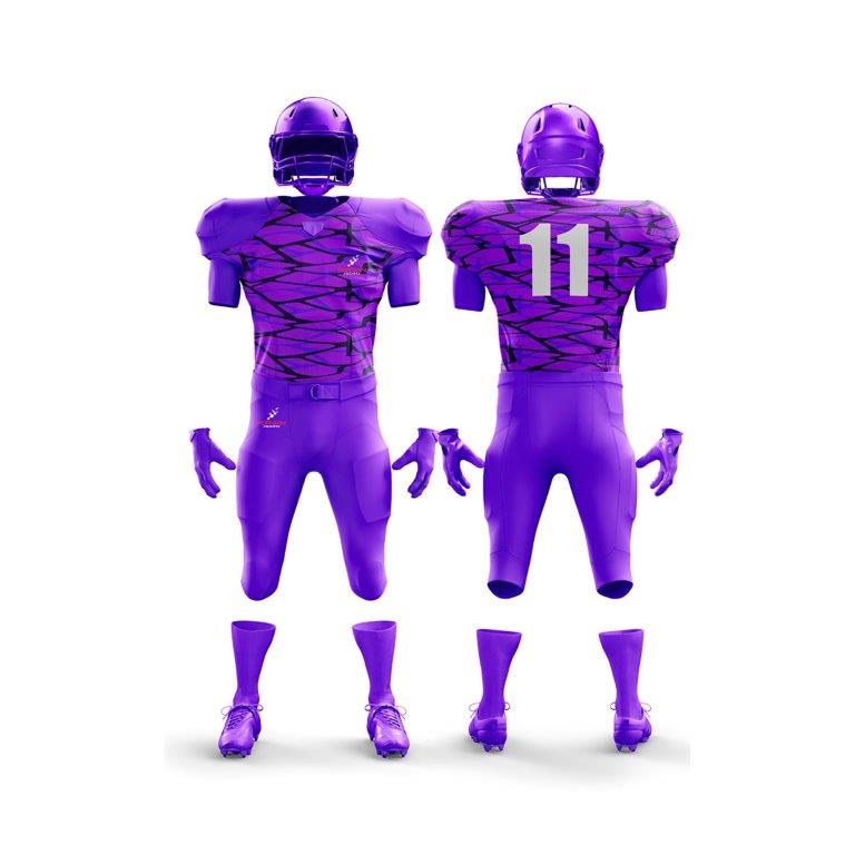 The image showcases a full American football uniform from Forwin Sports. It comprises a protective helmet with a faceguard, durable shoulder pads, a distinctive jersey with a player number, padded pants, and specialized cleats, all crafted for optimal safety and athletic performance.