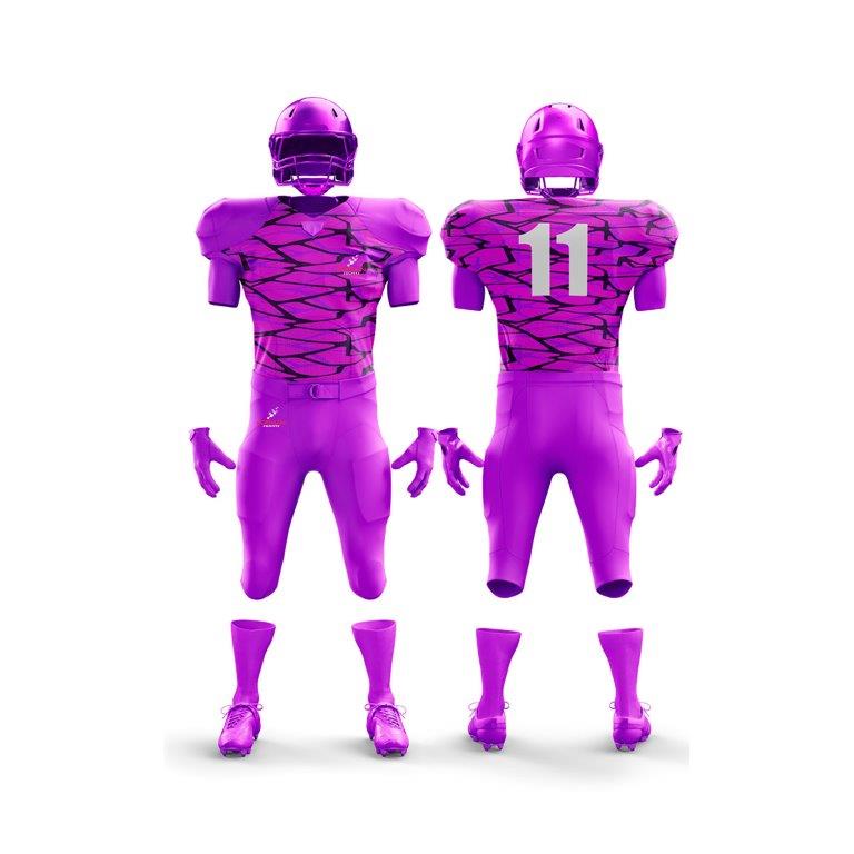 The image showcases a full American football uniform from Forwin Sports. It comprises a protective helmet with a faceguard, durable shoulder pads, a distinctive jersey with a player number, padded pants, and specialized cleats, all crafted for optimal safety and athletic performance.