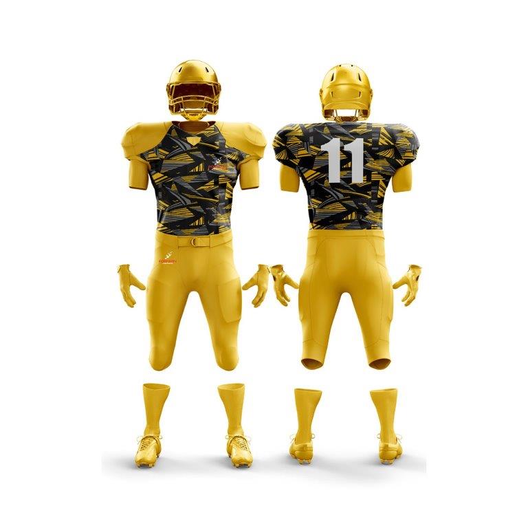 The image showcases a full American football uniform from Forwin Sports. It comprises a protective helmet with a faceguard, durable shoulder pads, a distinctive jersey with a player number, padded pants, and specialized cleats, all crafted for optimal safety and athletic performance.