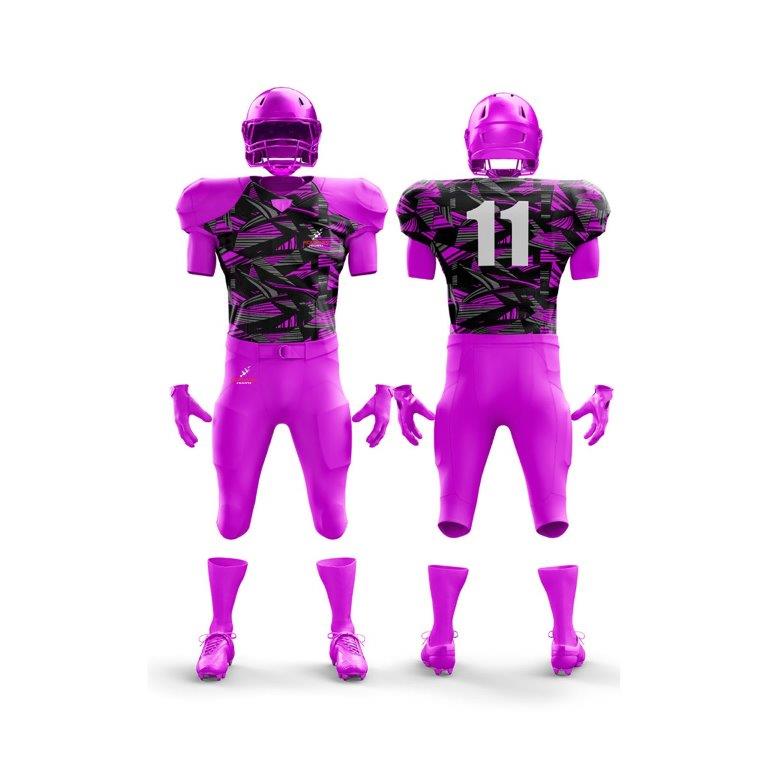 The image showcases a full American football uniform from Forwin Sports. It comprises a protective helmet with a faceguard, durable shoulder pads, a distinctive jersey with a player number, padded pants, and specialized cleats, all crafted for optimal safety and athletic performance.