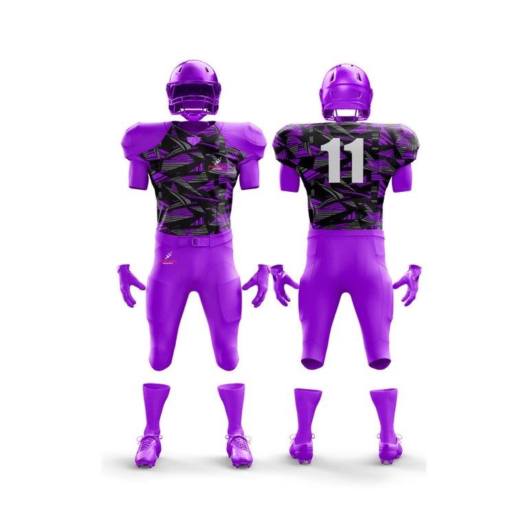 The image showcases a full American football uniform from Forwin Sports. It comprises a protective helmet with a faceguard, durable shoulder pads, a distinctive jersey with a player number, padded pants, and specialized cleats, all crafted for optimal safety and athletic performance.