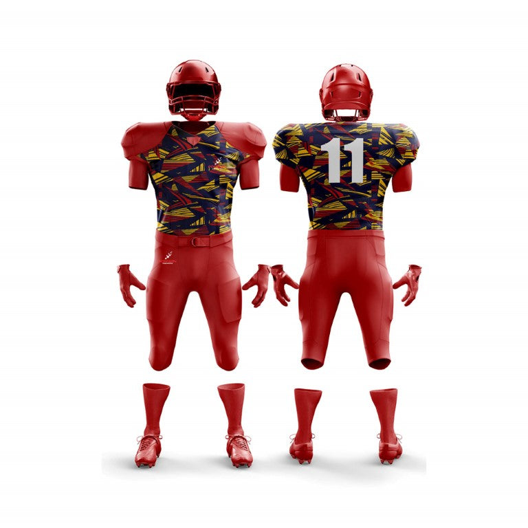 This image displays a complete American football uniform from Forwin Sports. The gear includes a safety helmet with a faceguard, reinforced shoulder pads, a numbered jersey, padded pants, and performance cleats, all designed to ensure player protection and enhance game performance.