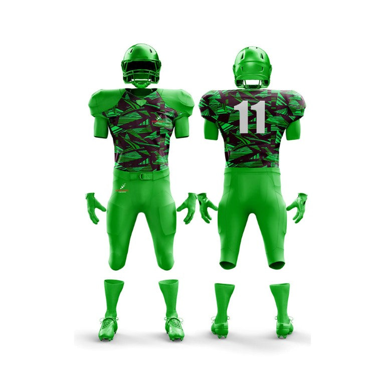 This image displays a complete American football uniform from Forwin Sports. The gear includes a safety helmet with a faceguard, reinforced shoulder pads, a numbered jersey, padded pants, and performance cleats, all designed to ensure player protection and enhance game performance.