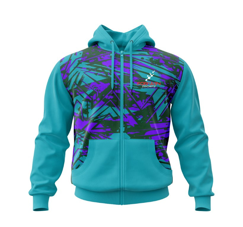 Image of a person wearing a customized hoodie with a vibrant graphic design and bold text, showcasing Forwin Sports' high-quality custom hoodies with personalized names, logos, and styles, perfect for men and women, athletes and fans, and ideal for businesses, events, and unique gifts.