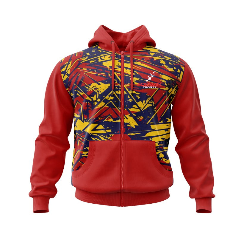 Image of a person wearing a customized hoodie with a vibrant graphic design and bold text, showcasing Forwin Sports' high-quality custom hoodies with personalized names, logos, and styles, perfect for men and women, athletes and fans, and ideal for businesses, events, and unique gifts.