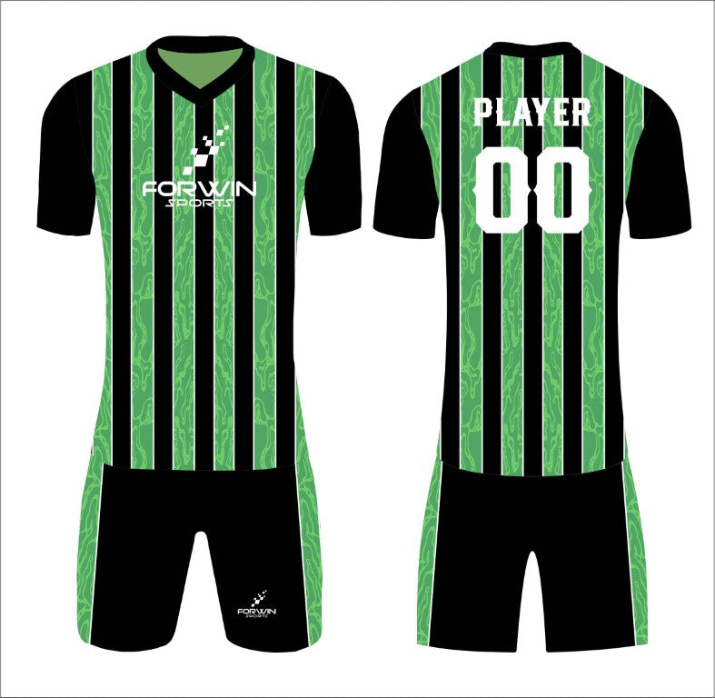 This image displays a custom soccer uniform from Forwin Sports, created by leading manufacturers for elite performance. The uniform features a customized lightweight jersey with a player number, breathable shorts, knee-length socks, and high-performance cleats, all meticulously designed for exceptional comfort, flexibility, and durability on the soccer field.