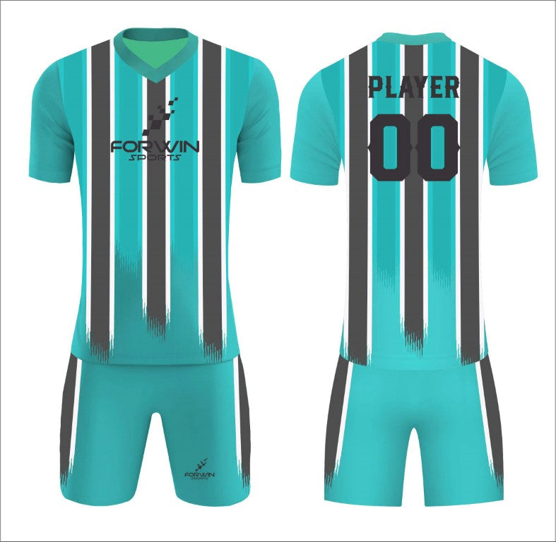 This image features a custom soccer uniform from Forwin Sports. It includes a customized lightweight jersey with a player number, breathable shorts, knee-length socks, and cleats. All components are designed by leading manufacturers to ensure comfort, agility, and top-tier performance on the soccer field.