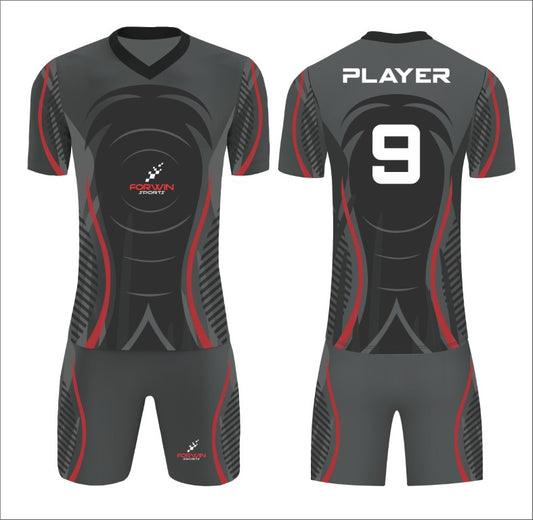 This image depicts a custom soccer uniform by Forwin Sports, expertly crafted by top manufacturers. The uniform includes a customized lightweight jersey with a player number, breathable shorts, knee-length socks, and premium cleats, all engineered to provide maximum comfort, agility, and durability on the soccer field.