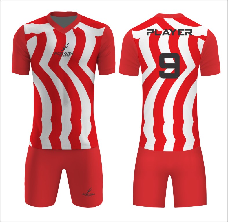 This image showcases a custom soccer uniform from Forwin Sports, designed by high-ranked manufacturers. The uniform includes a customized lightweight jersey with a player number, breathable shorts, knee-length socks, and advanced cleats, all tailored to ensure superior comfort, flexibility, and performance on the soccer field.