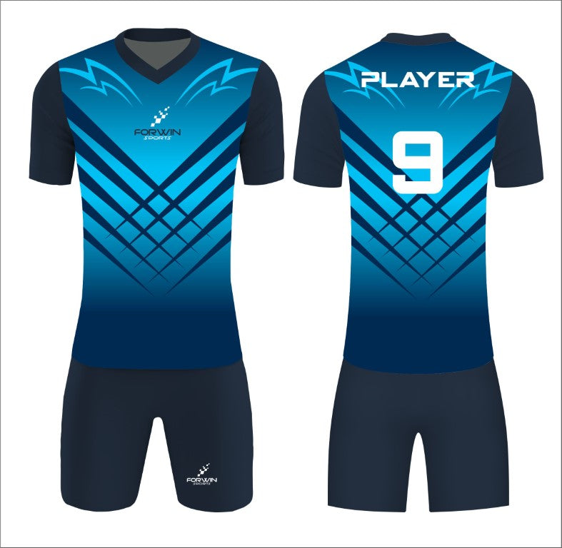 This image showcases a custom soccer uniform from Forwin Sports, designed by high-ranked manufacturers. The uniform includes a customized lightweight jersey with a player number, breathable shorts, knee-length socks, and advanced cleats, all tailored to ensure superior comfort, flexibility, and performance on the soccer field.