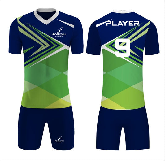 This image showcases a custom soccer uniform from Forwin Sports, designed by high-ranked manufacturers. The uniform includes a customized lightweight jersey with a player number, breathable shorts, knee-length socks, and advanced cleats, all tailored to ensure superior comfort, flexibility, and performance on the soccer field.