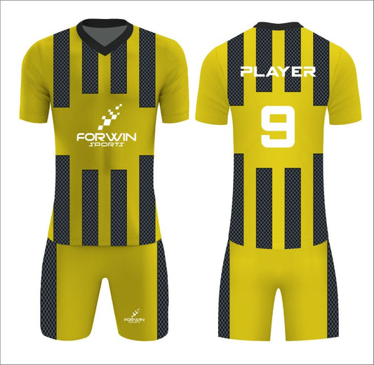 This image showcases a custom soccer uniform from Forwin Sports, designed by high-ranked manufacturers. The uniform includes a customized lightweight jersey with a player number, breathable shorts, knee-length socks, and advanced cleats, all tailored to ensure superior comfort, flexibility, and performance on the soccer field.