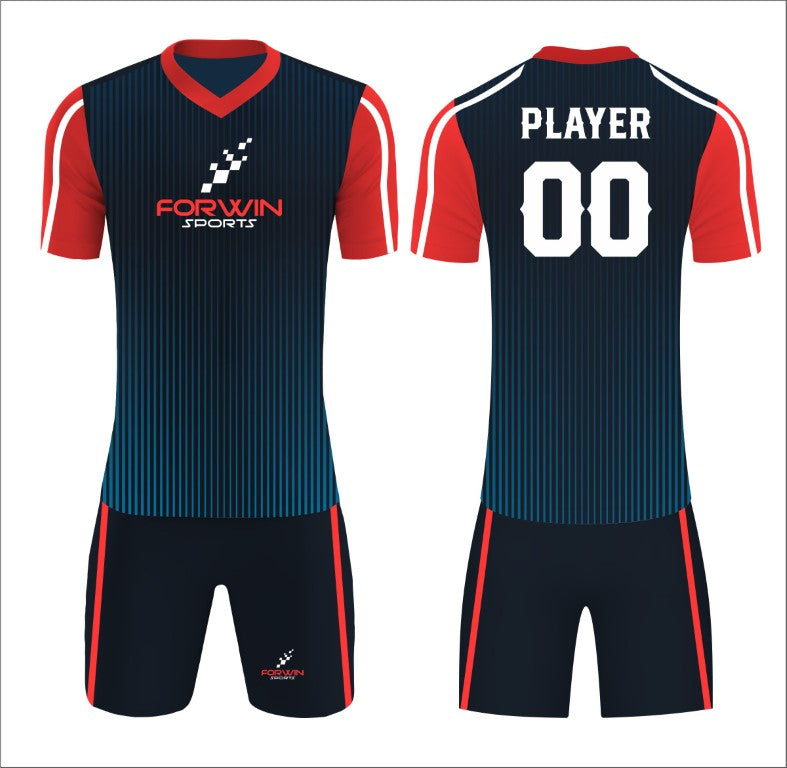 This image depicts a custom soccer uniform by Forwin Sports, expertly crafted by top manufacturers. The uniform includes a customized lightweight jersey with a player number, breathable shorts, knee-length socks, and premium cleats, all engineered to provide maximum comfort, agility, and durability on the soccer field.