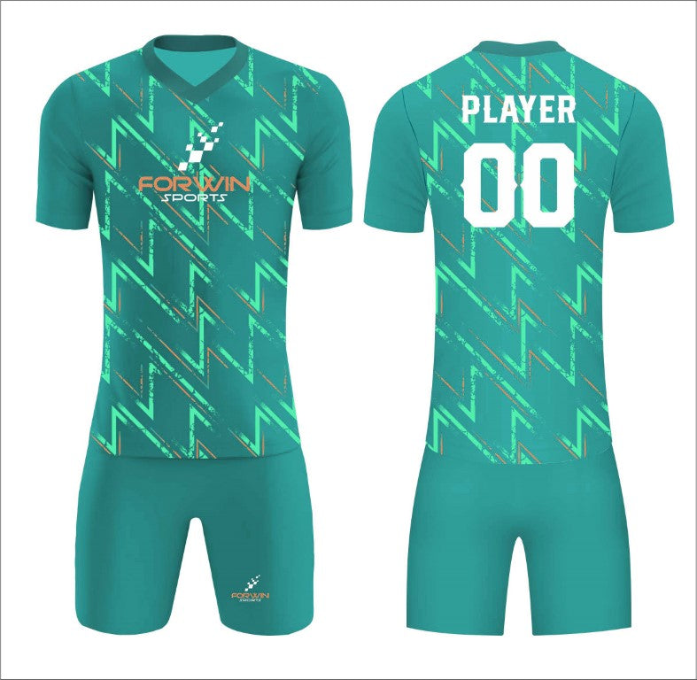 This image showcases a custom soccer uniform by Forwin Sports, designed by top manufacturers for peak performance. The set includes a customized lightweight jersey with a player number, breathable shorts, knee-length socks, and performance cleats, all crafted to deliver superior comfort, mobility, and durability on the soccer field.