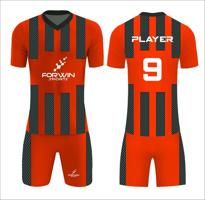 This image showcases a custom soccer uniform from Forwin Sports, designed by high-ranked manufacturers. The uniform includes a customized lightweight jersey with a player number, breathable shorts, knee-length socks, and advanced cleats, all tailored to ensure superior comfort, flexibility, and performance on the soccer field.