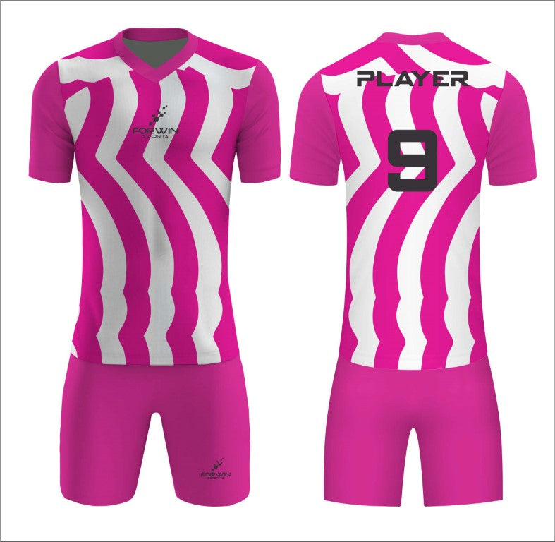 This image showcases a custom soccer uniform from Forwin Sports, designed by high-ranked manufacturers. The uniform includes a customized lightweight jersey with a player number, breathable shorts, knee-length socks, and advanced cleats, all tailored to ensure superior comfort, flexibility, and performance on the soccer field.