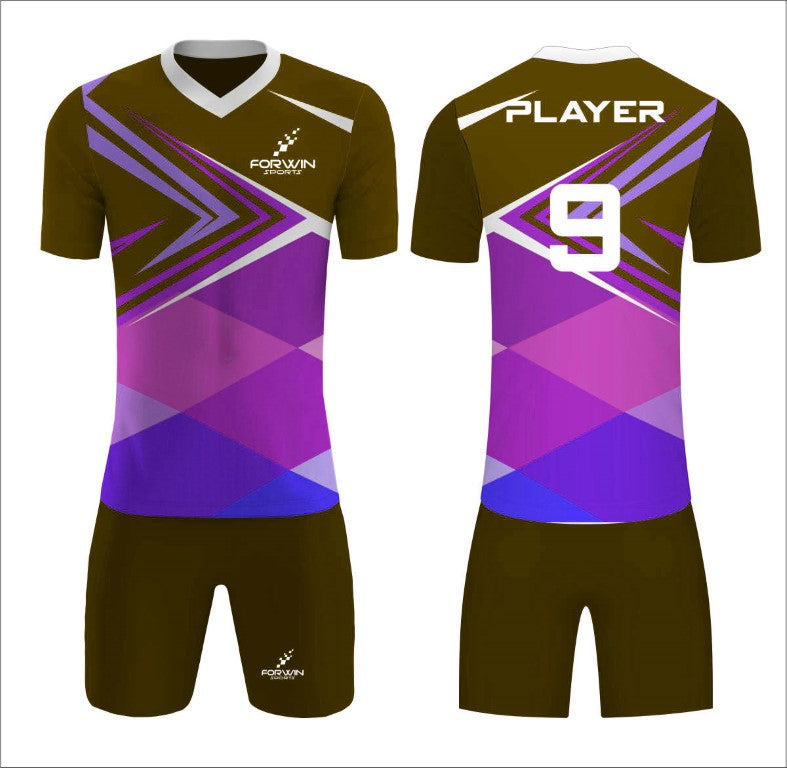 This image showcases a custom soccer uniform from Forwin Sports, designed by high-ranked manufacturers. The uniform includes a customized lightweight jersey with a player number, breathable shorts, knee-length socks, and advanced cleats, all tailored to ensure superior comfort, flexibility, and performance on the soccer field.