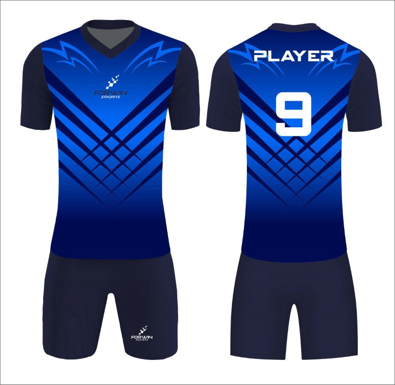 This image showcases a custom soccer uniform from Forwin Sports, designed by high-ranked manufacturers. The uniform includes a customized lightweight jersey with a player number, breathable shorts, knee-length socks, and advanced cleats, all tailored to ensure superior comfort, flexibility, and performance on the soccer field.