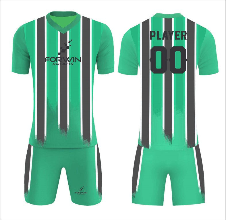 This image features a custom soccer uniform from Forwin Sports. It includes a customized lightweight jersey with a player number, breathable shorts, knee-length socks, and cleats. All components are designed by leading manufacturers to ensure comfort, agility, and top-tier performance on the soccer field.