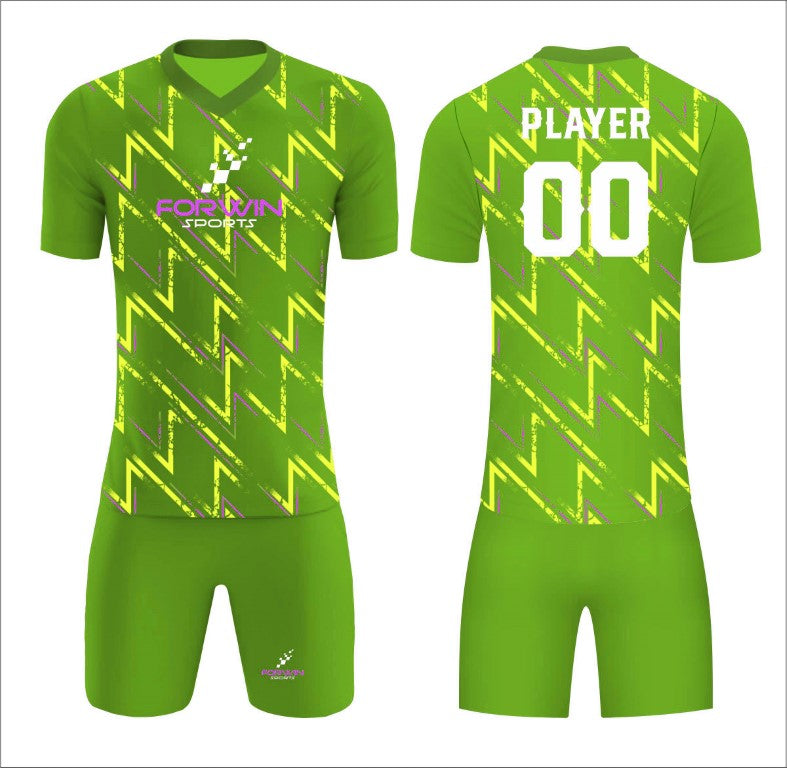 This image showcases a custom soccer uniform by Forwin Sports, designed by top manufacturers for peak performance. The set includes a customized lightweight jersey with a player number, breathable shorts, knee-length socks, and performance cleats, all crafted to deliver superior comfort, mobility, and durability on the soccer field.