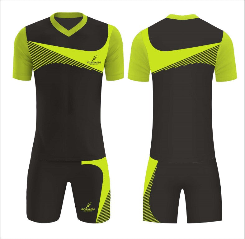 This image depicts a custom soccer uniform by Forwin Sports, expertly crafted by top manufacturers. The uniform includes a customized lightweight jersey with a player number, breathable shorts, knee-length socks, and premium cleats, all engineered to provide maximum comfort, agility, and durability on the soccer field.