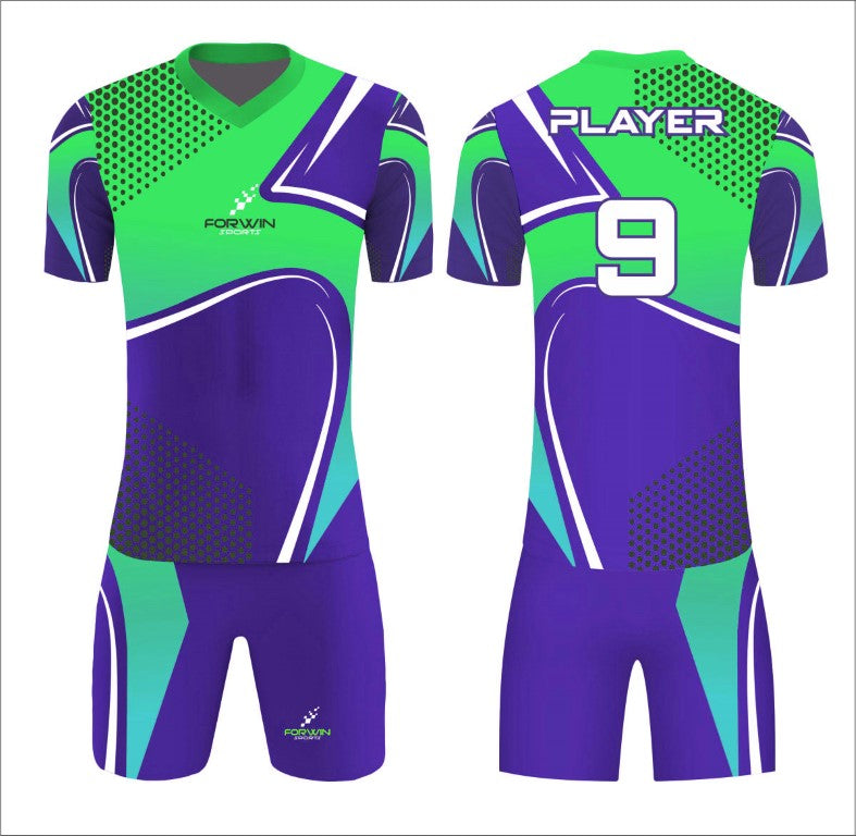 This image depicts a custom soccer uniform by Forwin Sports, expertly crafted by top manufacturers. The uniform includes a customized lightweight jersey with a player number, breathable shorts, knee-length socks, and premium cleats, all engineered to provide maximum comfort, agility, and durability on the soccer field.