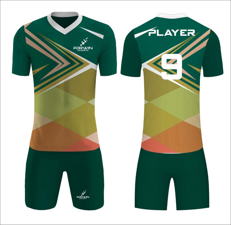 This image showcases a custom soccer uniform from Forwin Sports, designed by high-ranked manufacturers. The uniform includes a customized lightweight jersey with a player number, breathable shorts, knee-length socks, and advanced cleats, all tailored to ensure superior comfort, flexibility, and performance on the soccer field.