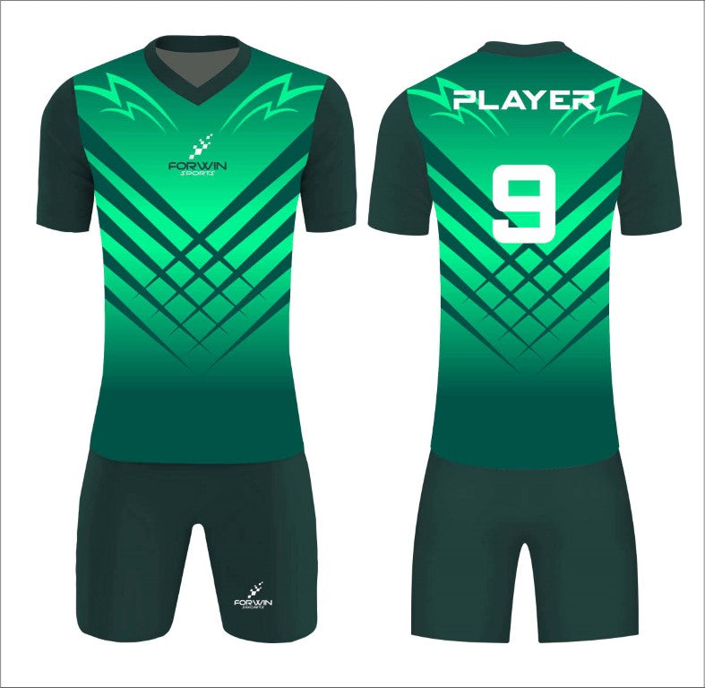 This image showcases a custom soccer uniform from Forwin Sports, designed by high-ranked manufacturers. The uniform includes a customized lightweight jersey with a player number, breathable shorts, knee-length socks, and advanced cleats, all tailored to ensure superior comfort, flexibility, and performance on the soccer field.