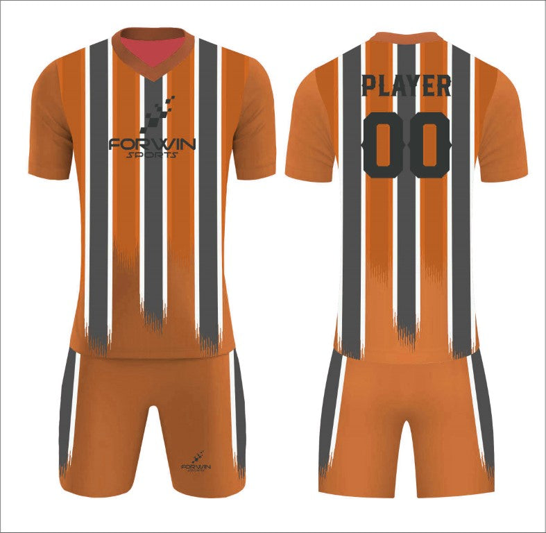 This image features a custom soccer uniform from Forwin Sports. It includes a customized lightweight jersey with a player number, breathable shorts, knee-length socks, and cleats. All components are designed by leading manufacturers to ensure comfort, agility, and top-tier performance on the soccer field.