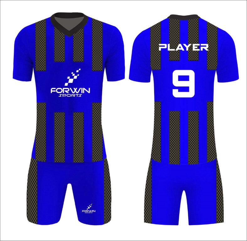 This image showcases a custom soccer uniform from Forwin Sports, designed by high-ranked manufacturers. The uniform includes a customized lightweight jersey with a player number, breathable shorts, knee-length socks, and advanced cleats, all tailored to ensure superior comfort, flexibility, and performance on the soccer field.