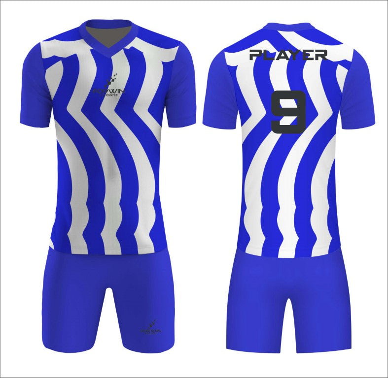 This image showcases a custom soccer uniform from Forwin Sports, designed by high-ranked manufacturers. The uniform includes a customized lightweight jersey with a player number, breathable shorts, knee-length socks, and advanced cleats, all tailored to ensure superior comfort, flexibility, and performance on the soccer field.