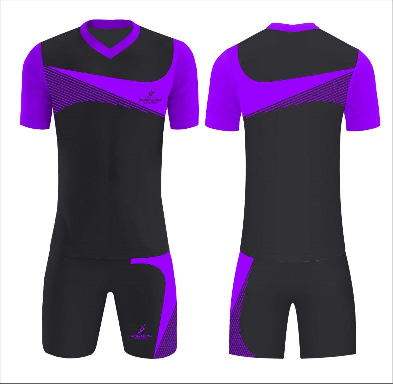 This image depicts a custom soccer uniform by Forwin Sports, expertly crafted by top manufacturers. The uniform includes a customized lightweight jersey with a player number, breathable shorts, knee-length socks, and premium cleats, all engineered to provide maximum comfort, agility, and durability on the soccer field.