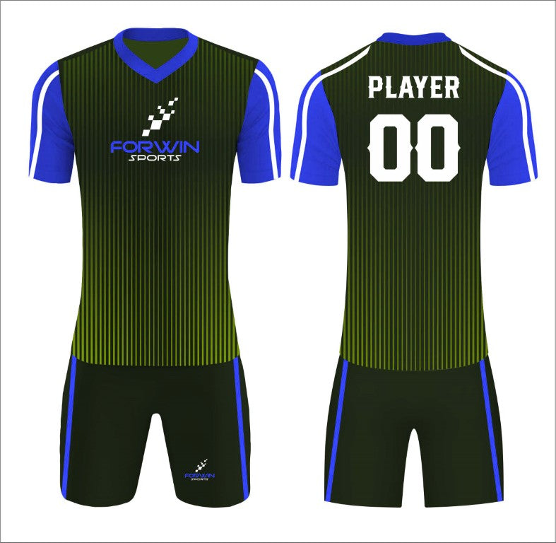 This image depicts a custom soccer uniform by Forwin Sports, expertly crafted by top manufacturers. The uniform includes a customized lightweight jersey with a player number, breathable shorts, knee-length socks, and premium cleats, all engineered to provide maximum comfort, agility, and durability on the soccer field.