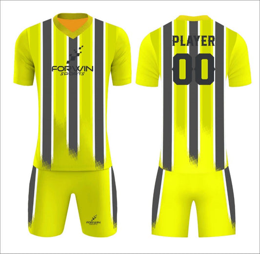 This image features a custom soccer uniform from Forwin Sports. It includes a customized lightweight jersey with a player number, breathable shorts, knee-length socks, and cleats. All components are designed by leading manufacturers to ensure comfort, agility, and top-tier performance on the soccer field.