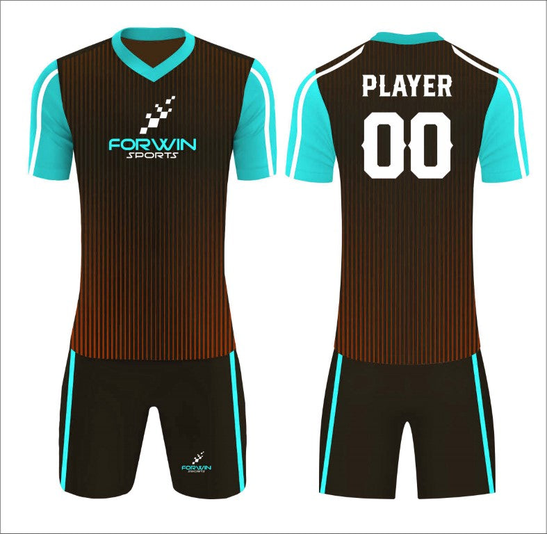 This image depicts a custom soccer uniform by Forwin Sports, expertly crafted by top manufacturers. The uniform includes a customized lightweight jersey with a player number, breathable shorts, knee-length socks, and premium cleats, all engineered to provide maximum comfort, agility, and durability on the soccer field.