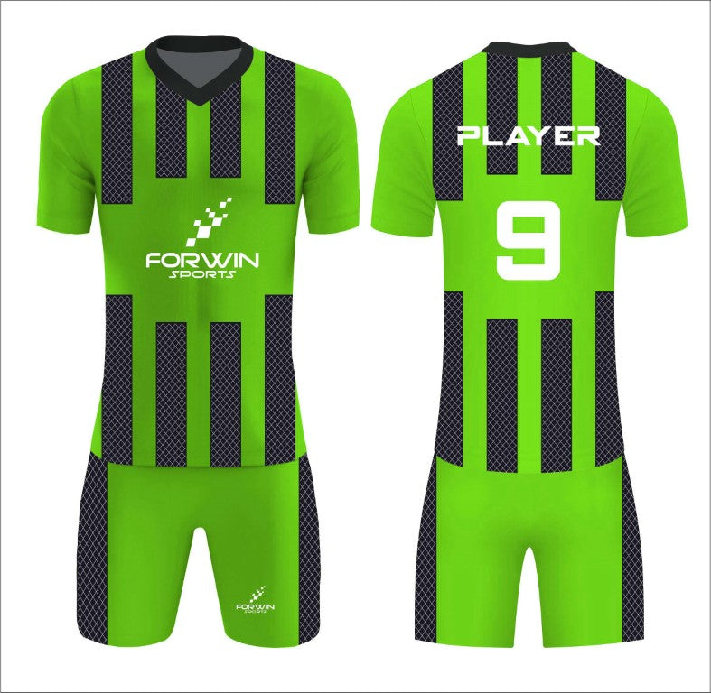 This image showcases a custom soccer uniform from Forwin Sports, designed by high-ranked manufacturers. The uniform includes a customized lightweight jersey with a player number, breathable shorts, knee-length socks, and advanced cleats, all tailored to ensure superior comfort, flexibility, and performance on the soccer field.