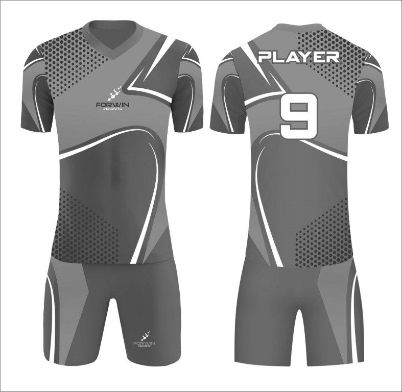 This image depicts a custom soccer uniform by Forwin Sports, expertly crafted by top manufacturers. The uniform includes a customized lightweight jersey with a player number, breathable shorts, knee-length socks, and premium cleats, all engineered to provide maximum comfort, agility, and durability on the soccer field.