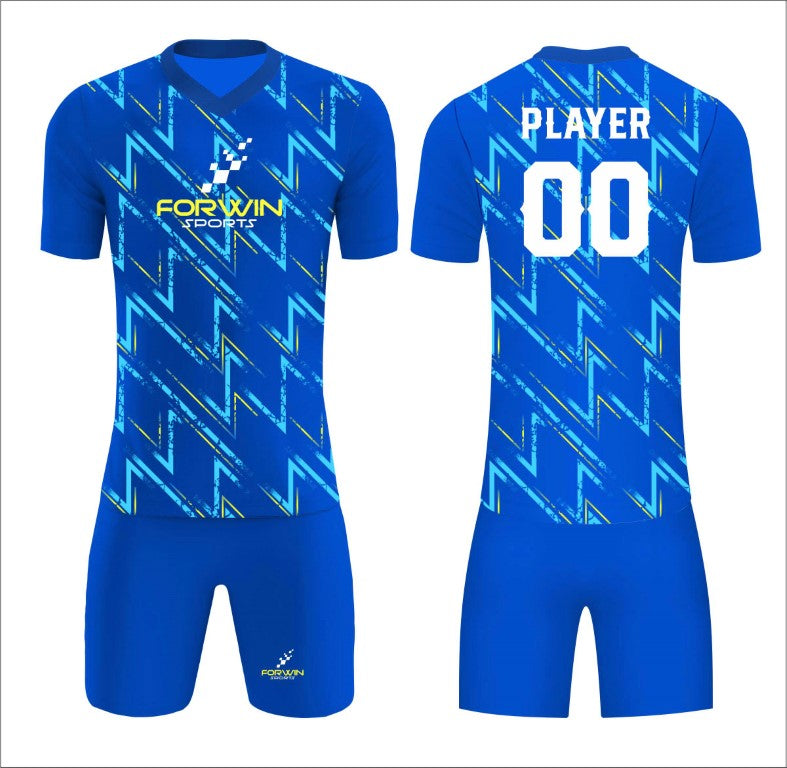 This image showcases a custom soccer uniform by Forwin Sports, designed by top manufacturers for peak performance. The set includes a customized lightweight jersey with a player number, breathable shorts, knee-length socks, and performance cleats, all crafted to deliver superior comfort, mobility, and durability on the soccer field.