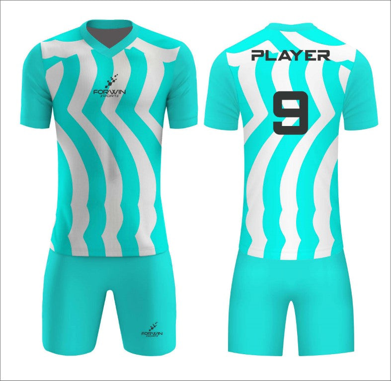 This image showcases a custom soccer uniform from Forwin Sports, designed by high-ranked manufacturers. The uniform includes a customized lightweight jersey with a player number, breathable shorts, knee-length socks, and advanced cleats, all tailored to ensure superior comfort, flexibility, and performance on the soccer field.