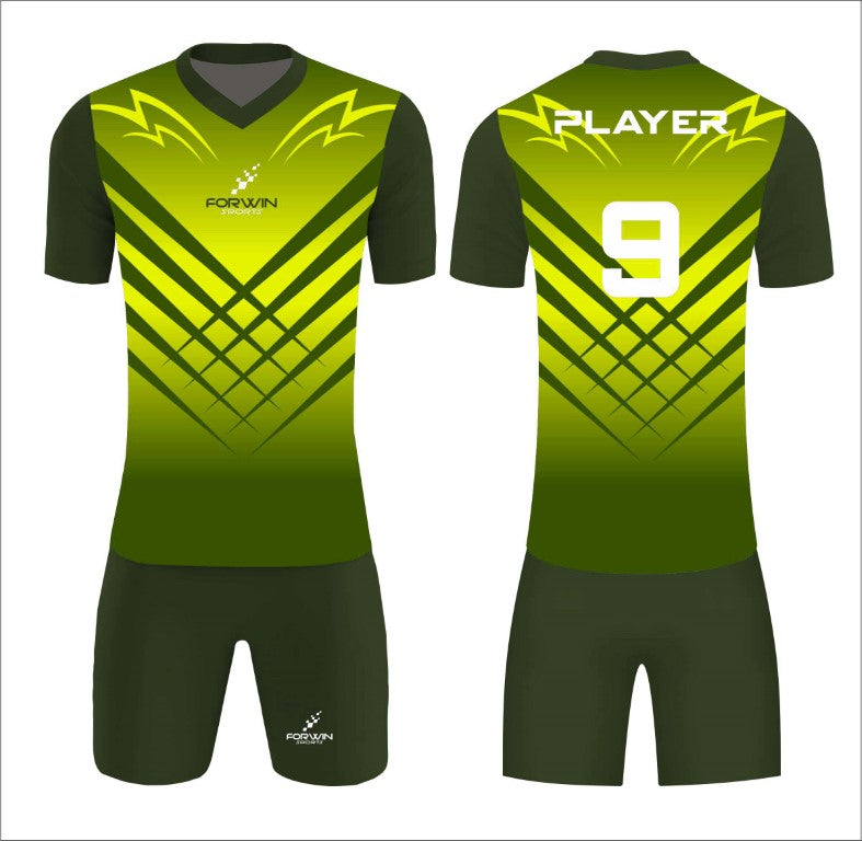 This image showcases a custom soccer uniform from Forwin Sports, designed by high-ranked manufacturers. The uniform includes a customized lightweight jersey with a player number, breathable shorts, knee-length socks, and advanced cleats, all tailored to ensure superior comfort, flexibility, and performance on the soccer field.